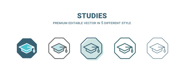 studies icon in 5 different style. Outline, filled, two color, thin studies icon isolated on white background. Editable vector can be used web and mobile