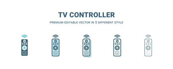 tv controller icon in 5 different style. Outline, filled, two color, thin tv controller icon isolated on white background. Editable vector can be used web and mobile