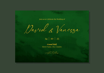 Emerald wedding invite card template with watercolor texture