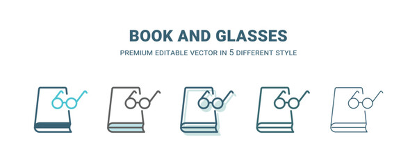 book and glasses icon in 5 different style. Outline, filled, two color, thin book and glasses icon isolated on white background. Editable vector can be used web and mobile