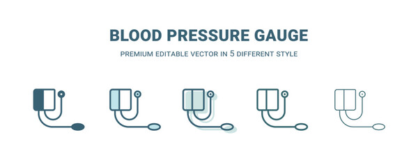 blood pressure gauge icon in 5 different style. Outline, filled, two color, thin blood pressure gauge icon isolated on white background. Editable vector can be used web and mobile