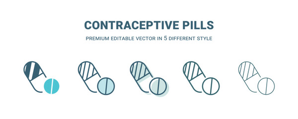 contraceptive pills icon in 5 different style. Outline, filled, two color, thin contraceptive pills icon isolated on white background. Editable vector can be used web and mobile