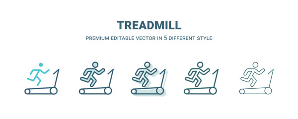 treadmill icon in 5 different style. Outline, filled, two color, thin treadmill icon isolated on white background. Editable vector can be used web and mobile