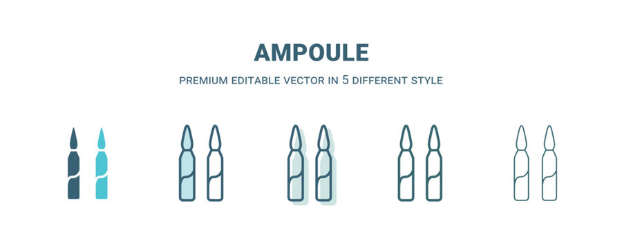 ampoule icon in 5 different style. Outline, filled, two color, thin ampoule icon isolated on white background. Editable vector can be used web and mobile