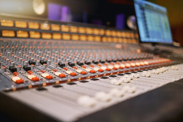 Plakat Sound board, music and production in recording studio with creativity and audio equipment. Mixing console with buttons, dj and technology with art, amplifier and produce song with entertainment