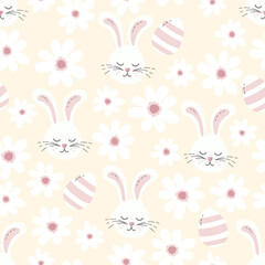 yellow easter pattern with cute easter bunnies and flowers vector