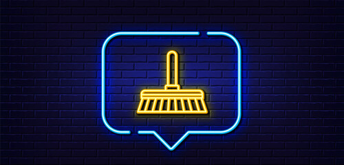 Neon light speech bubble. Cleaning mop line icon. Sweep or Wash a floor symbol. Washing Housekeeping equipment sign. Neon light background. Cleaning mop glow line. Brick wall banner. Vector