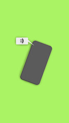 A text message containing a character emoticon. Mobile phone on a green background. View of the gadget from above. Communication between people. Smartphone. Vertical image. 3d image. 3d rendering