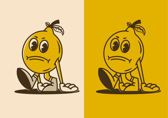 Mascot character of walking lemon with sad face