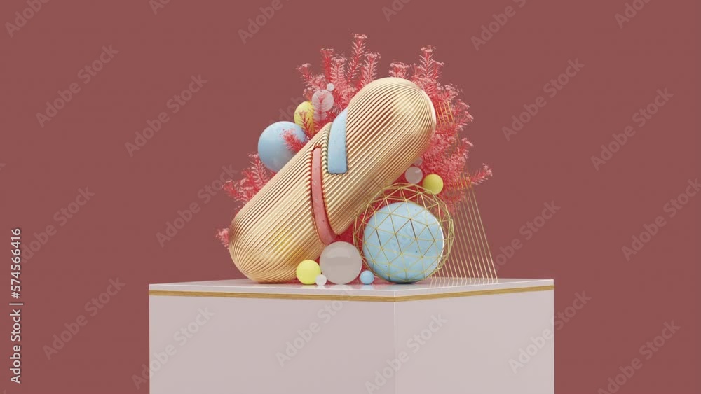 Poster 4k abstract geometric objects composition. 3d rendering. contemporary art. marble cube, spheres, pla