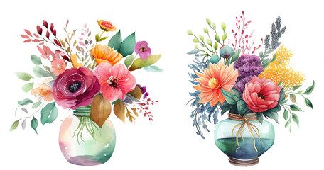 Watercolor flowers bouquet in jar, Floral illustration. Generative AI