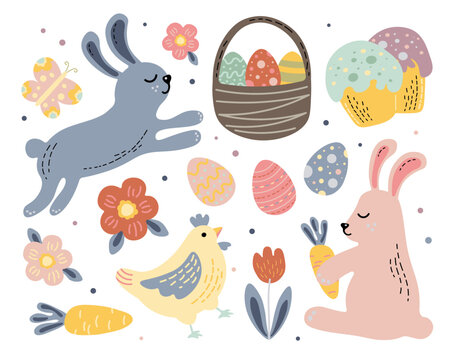 set of vector cute images Easter cute bunnies painted eggs and other holiday attributes