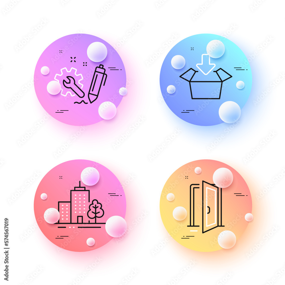 Poster get box, skyscraper buildings and open door minimal line icons. 3d spheres or balls buttons. enginee