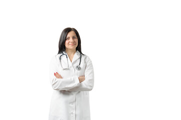 Fototapeta premium Portrait of an attractive young female doctor in white coat with stethoscope, isolated on transparent background, medical concept