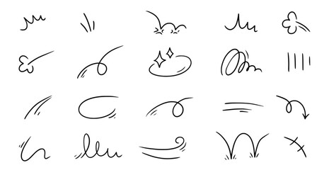 Line movement element, emotion effect decoration icon. Hand drawn doodle line element arrow, emphasis, wind, sparkle. Anime emotion, express shape. Vector illustration. © Polina Tomtosova