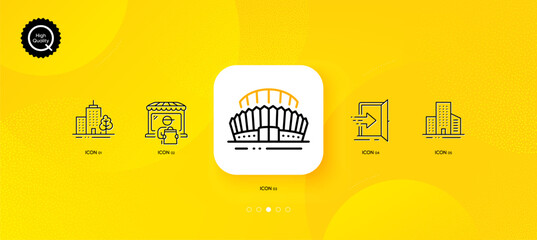 Fototapeta na wymiar Buildings, Entrance and Sports stadium minimal line icons. Yellow abstract background. Delivery market, Skyscraper buildings icons. For web, application, printing. Vector