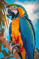  A close-up, of a colorful macaw, perched on a tree. Generative ai. © MADMAT