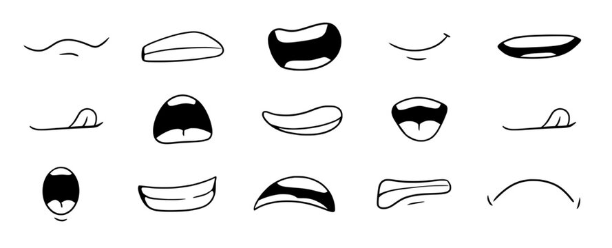 Cartoon mouth smile, happy, sad expression set. Hand drawn doodle mouth, tongue caricature emoji icon. Funny comic doodle style. Vector illustration.