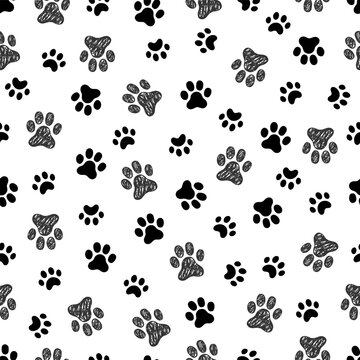 Dog, cat footprint seamless pattern. Pet animal footprint stamp background. Puppy doodle abstract wallpaper. Vector illustration