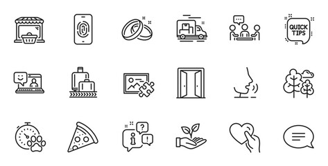 Outline set of Online market, Tree and Pizza line icons for web application. Talk, information, delivery truck outline icon. Include Puzzle image, Fingerprint, Hold heart icons. Vector