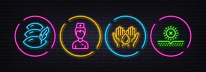 Doctor, Wash hands and Pillow minimal line icons. Neon laser 3d lights. No sun icons. For web, application, printing. Medicine person, Skin care, Sleep cushion. Uv protect. Neon lights buttons. Vector