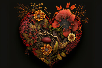 Floral heart with decorative plants and flowers