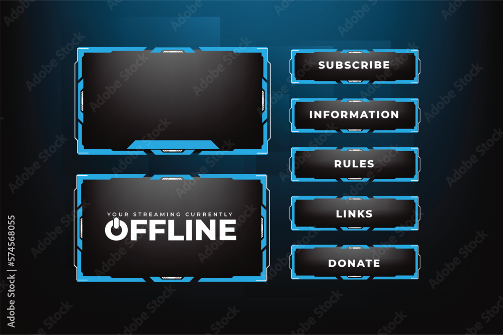 Poster online gaming overlay layout vector with blue colors. broadcast screen panel decoration with online 
