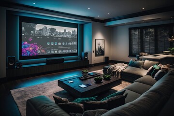 This luxurious home entertainment room, featuring a state-of-the-art screen and plush seating, offers an unparalleled seamless viewing experience in a stylish, modern setting. - obrazy, fototapety, plakaty