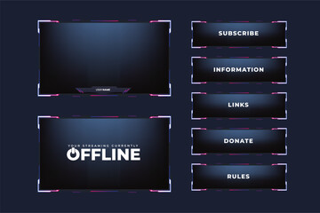 Fototapeta na wymiar Futuristic gaming frame border design with online and offline screens. Modern gaming overlay layout vector for streamers. Live streaming overlay template design with simple shapes and buttons.