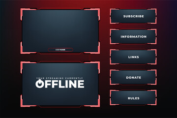 Futuristic neon display frame design with red and white colors. Creative gaming screen interface decoration with online buttons and screens. Live streaming overlay vector with neon light effect.