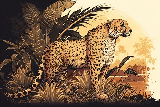 Cheetah on the jungle, cartoon illustration design, standing and watching his prey  by generative ai