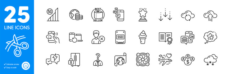 Outline icons set. Scissors, Diploma and Scroll down icons. Communication, Recovery devices, Budget web elements. Hiring employees, Remove account, Buying currency signs. Computer fan. Vector