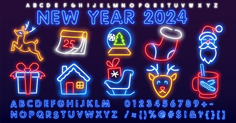 Happy new 2024 year in Neon style. New year neon for flyer design. Brochure creative design.