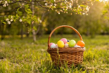 Happy Easter. Basket with Easter eggs in grass on a sunny spring day - Easter decoration, banner, panorama, background with copy space for text