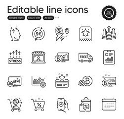 Set of Finance outline icons. Contains icons as Candlestick chart, Refresh bitcoin and Loyalty card elements. Financial app, Bitcoin system, Shopping cart web signs. Vector