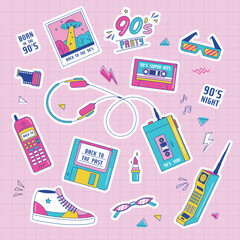 Big set of Retro patch badges with cassette, diskette, walkman, sneakers, photo, etc. 90's party. Vector illustration on pink background. Set of stickers, pins, patches in trendy 90s memphis style