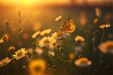 Field of daisies in golden rays of the setting sun in spring summer nature with an orange butterfly outdoors, AI Generated - obrazy, fototapety, plakaty
