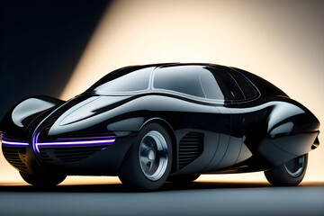 black futuristic electric car with glowing headlights. Concept of future 3d car
