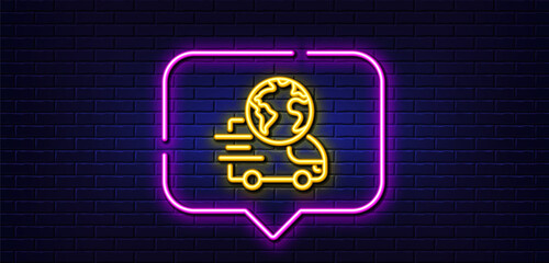 Neon light speech bubble. Global business line icon. Delivery service sign. Internet marketing symbol. Neon light background. Delivery service glow line. Brick wall banner. Vector