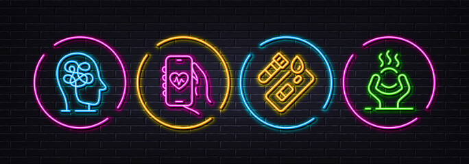 Covid test, Stress and Health app minimal line icons. Neon laser 3d lights. Difficult stress icons. For web, application, printing. Blood testing, Mind anxiety, Medical application. Vector