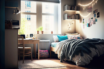 Bright youth dorm room with typical decoration and furniture as digital illustration (Generative AI)