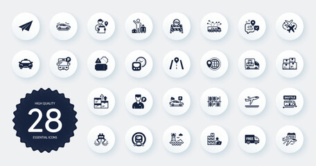 Set of Transportation icons, such as Inventory, Parking security and Select flight flat icons. Bus parking, Valet servant, World travel web elements. Usa close borders, Journey, Taxi signs. Vector