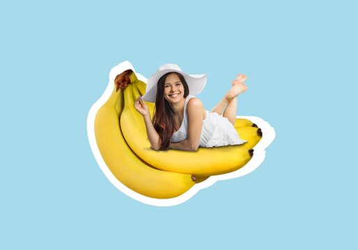 Creative  collage of relaxed person lying on big bananas