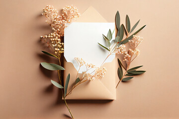 Blank paper sheet card with mockup copy space and dry flower buds on beige background. AI Generated