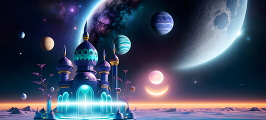 Obraz na płótnie Canvas Beautiful Mosque Background Ramadan Kareem Eid Mubarak. Islamic architecture. Generative AI