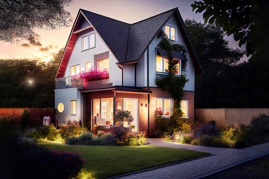 Illustration of modern German detached house in city area with beautiful garden (Generative AI)