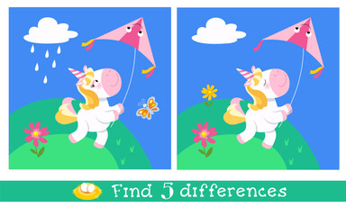 Find 5 hidden differences. Educational puzzle game for children. Cute unicorn flies kite. Cartoon character animal horse. Vector illustration. 