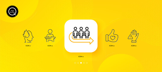 Fototapeta na wymiar Like hand, Dont touch and Queue minimal line icons. Yellow abstract background. Election candidate, Stress icons. For web, application, printing. Thumbs up, Clean hand, People waiting. Vector