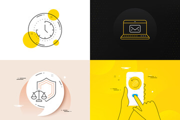 Minimal set of Justice scales, E-mail and Time line icons. Phone screen, Quote banners. Recovery tool icons. For web development. Law shield, New message, Clock. Backup info. Vector