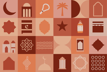 SET OF RAMADAN AND EID MUBARAK ICON IN MINIMALIST DESIGN AND SIMPLE COLOUR